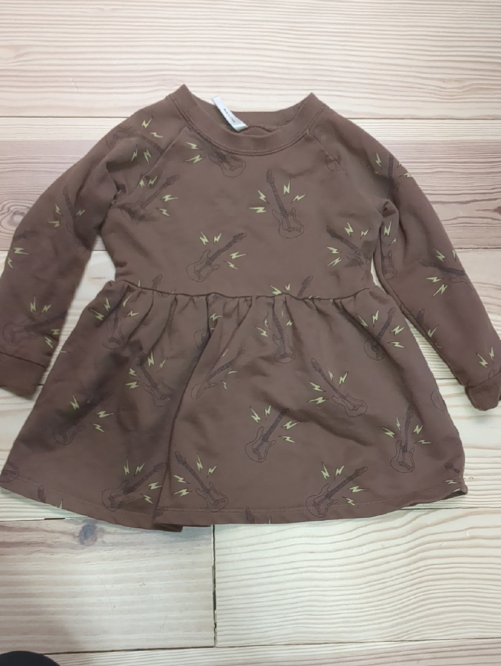 Rylee + Cru Brown Guitar Print Long-Sleeve Dress with Yellow Accents